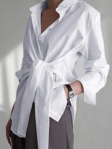 KUFV Women's Long Sleeve Button Down Shirts Tie Waist Casual Loose Blouses Tops4