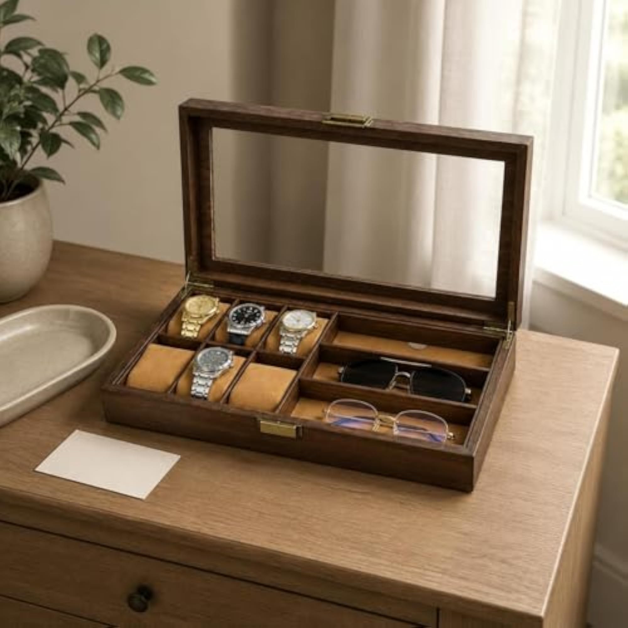 Leather Watch and Glasses Storage Box with Cushioned Slots