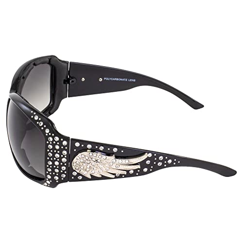 Rodeo Queen Angel Padded Motorcycle Bling Sunglasses for Women Black Frame w/Bling Rhinestones & Smoke Gradient Lens3