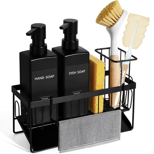 GMISUN Dish Soap Dispenser 12 fl oz / 350 ml Dual Kitchen Soap Dispensers with Sponge Holder Customized Matte Black Kitchen Soap Dispenser Set Modern Hand and Dish Soap Bottle Set Removable