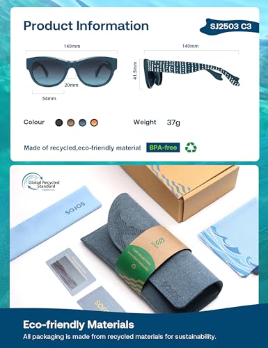 SOJOS Ocean Collection Classic Polarized Square Sunglasses for Women Men Recycled Plastic Frame Eco-Friendly UV400, Bloom4