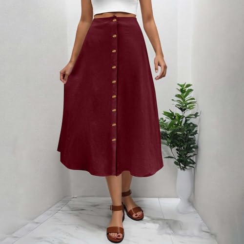 Linen Skirts for Womens Casual Elastic Waisted Front Button Down Solid Color Maxi Long Skirts Trendy Summer Outfits 20252