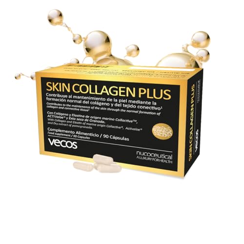 Vecos | Colágeno con Elastina para el Cuidado de la Piel | Anti Arrugas con Vitaminas A, B2, C, Yodo, Cobre y Zinc para la Hidratación de la Dermis | 90 cápsulas