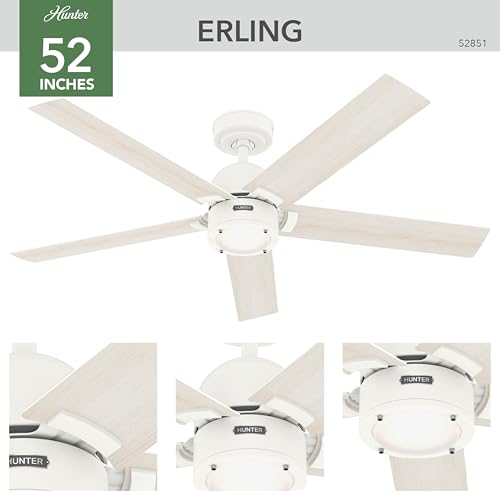 Image of Hunter 52 Inch Indoor Ceiling Fan with LED Light and Remote Control - White Modern Ceiling Fan, 5 Blades and 6 Speed WhisperWind Motor, For Bedroom, Living Room or Kitchen, ENERGY STAR - Erling, 52851