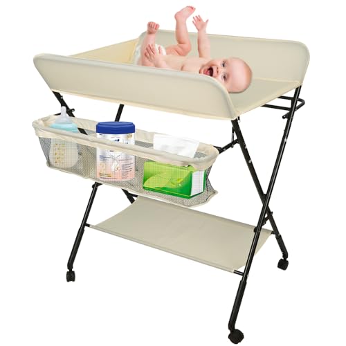 Baby Wickelkombi - klappbare Wickelkommode, mobiler Wickeltisch mit Wickelauflage, Sicherheitsgurt und Ablagefächern, platzsparend & stabil 80 * 66 * 98cm (Beige)
