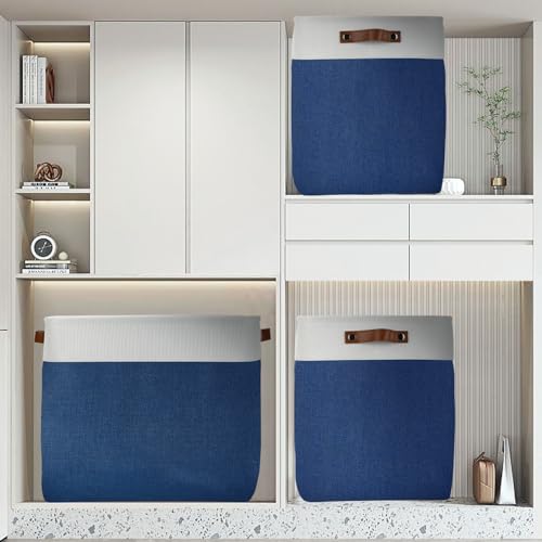 Image of DULLEMELO 51L Large Baskets for Storage, Large Rectangular Baskets for Shelves [3 Pack], Blanket Basket Dog Basket for Organizing Closet, Nursery, Clothes (White&Blue)