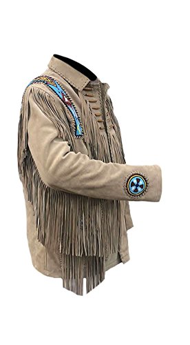 Classyak Men's Western Fringed & Bone Eagle Beaded Suede Leather Jacket2