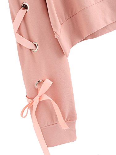 SweatyRocks Women's Casual Lace up Long Sleeve Pullover Crop Top Sweatshirt (Large, Pink#1)