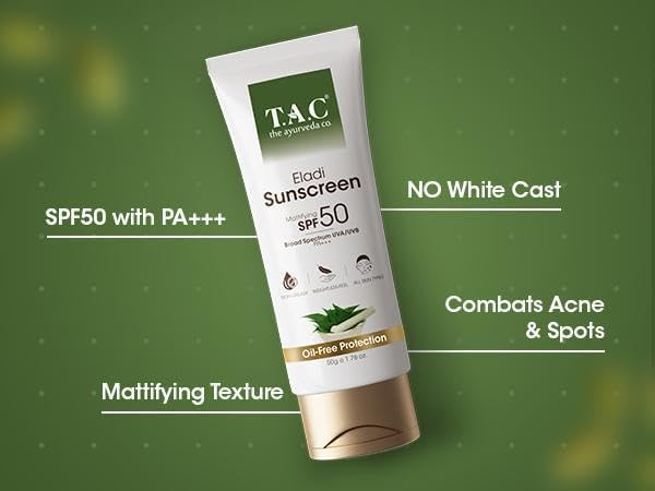 Image of T.A.C Eladi Sunscreen SPF 50 PA+++ | Oil-Free Matte Finish Sunscreen Cream | Broad Spectrum UVA /UVB Protection | Lightweight Non-Greasy Formula for All Skin Types | 50g