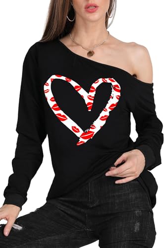 MAGICMK Woman’s Sweatershirt Lips Print Causal Blouse Off The Shoulder Long Sleeve Loose Slouchy Pullover Plus Size Tops2
