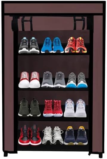 ROBMOB Multipurpose Collapsible Shoe Rack Non-Woven Fabric Metal Pipes 4 Layer Shelves with Cover (Brown,Metal)