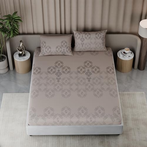 Image of BLISSHOME Everlast 150TC King Size Fitted Bedsheet with 2 Pillow Covers, Aesthetic Bedding, Wrinkle Resistant, 100+ Wash Durable, Quick Dry, Elegant Ornate Pattern - Champagne (183cm x198cm+25cm Drop)