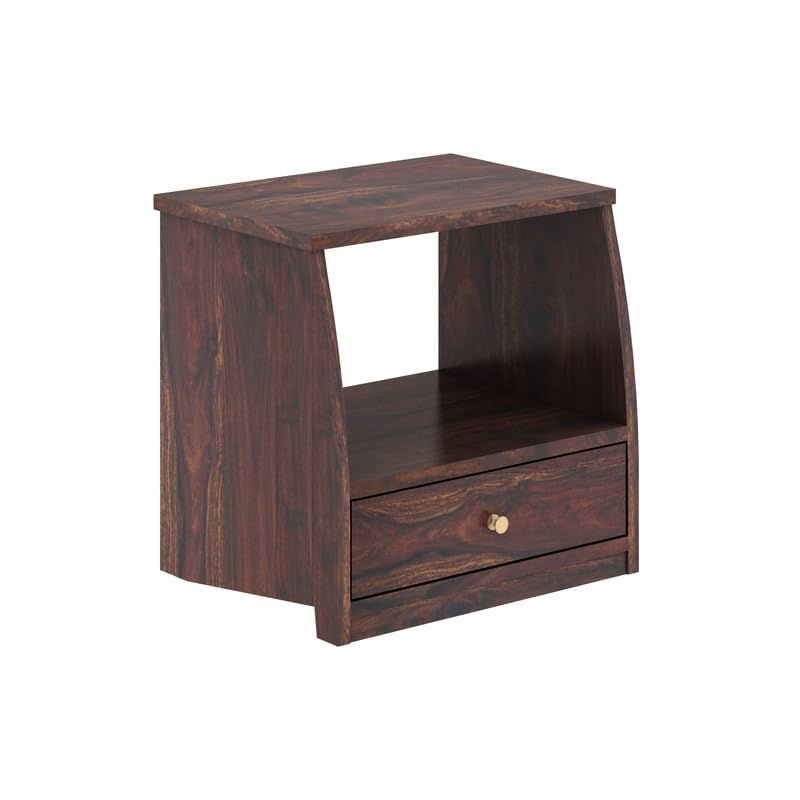 Image of Solid Sheesham Wood Bedside Table with 1 Drawer & 1 Open Shelf Storage for Bedroom, End Table, Side Table for Living Room Home (Walnut Finish)