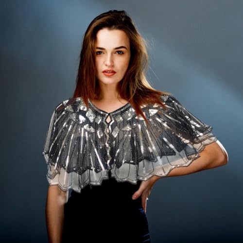 1920s Shawl Wraps Sequin Beaded Evening Cape Bridal Shawl Evening Dress Bolero Flapper Cover Up Vintage Mesh Shawl (Black)4