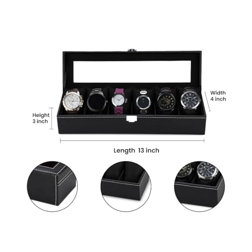 Image of Watch Box Organizer for Men and Women, 6 Slots, Leatherette, Black, Gift Box