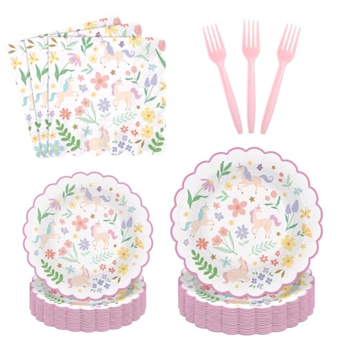 LemonRoad 96 Pcs Pastel Unicorn Paper Plates Napkins Meadow Unicorn Party Supplies Kit Magical Floral Disposable Plates Forks Serves 24 Guests for Birthday Party Decorations Baby Shower for Girls