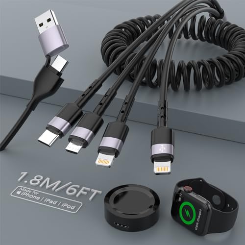 4-in-2 Coiled iPhone and Watch Charger Cord,6FT/1.8M Apple Watch Magnetic Charging Stand Fast Charger toUSB-C Cable,iWatch Multi Charging Cable for iPhone/Type C/Micro Connectors for Laptop/Airpods