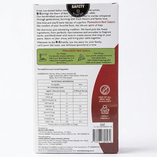 Image of Black & Green Pomodoro Red Sauce 200g, Made with Premium Avocado Oil, Fresh Tomatoes, Italian Herbs, No Preservatives, Ready-to-Cook, Ideal for Pasta, Pizza, Sandwiches, Gourmet Italian Cooking