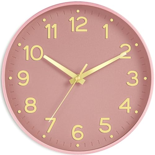 Image of Roymnie Wall Clock 12 Inch Silent Wall Clocks Battery Operated-Modern Non Ticking Analog Clock Decorative for Kitchen Bedroom Office (Pink Gold)