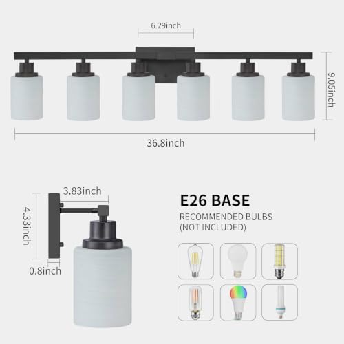 Image of 6-Light Black Vanity Lights 36.8in Bathroom Vanity Light for Mirror | White Frosted Ribbed Glass Shade Matte Bathroom Lighting Fixtures Black Wall Sconces for Bedroom Living Room E26 Base
