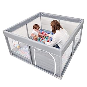 PandaEar Large Playpen for Baby and Toddlers, Baby Play Pen for Indoors & Outdoor, Sturdy Baby Fence Playard Kids Play Pen with Soft Breathable Mesh for Safety (127cm×127cm) (Light Grey)