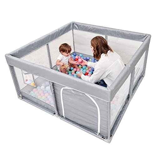 PandaEar Large Baby Playpen Parc pour Bébé, Sturdy Baby Play Yards with Soft Breathable Mesh, Indoor & Outdoor Baby Fence for Kids Toddler Infant Safety (50″×50″)- LightGrey