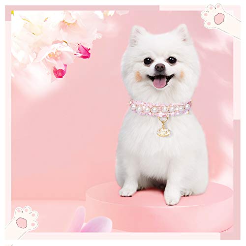 Image of Premium PU Leather Cat and Dog Collar with Shell Pendant - Adjustable, Cute Pearl, Beautiful Lace, Small Pink