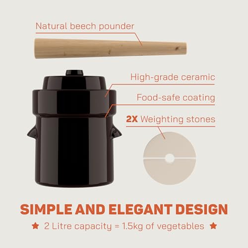 Kenley Fermentation Crock Jar 2 Litre - Stoneware Pot for Fermenting or Pickling Kimchi, Sauerkraut, Pickles, Vegetables, Kombucha - Ceramic Fermenter with Weights, Lid & Pounder