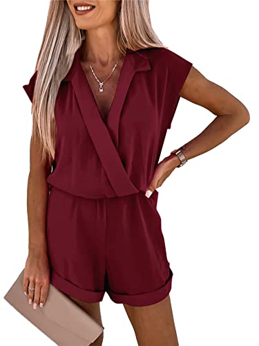 Prettygarden Women's Romper Dressy Summer 2023 Wrap V Neck Short Sleeve Wide Leg Shorts One Piece Jumpsuits (Wine Red,X-Large) #TOP9