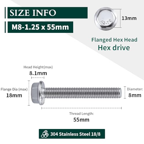 Image of M8-1.25 x 55mm Hex Flange Bolt (2.17 inch Thread Length), DIN6921, Serrated Locking Flange, 304 Stainless Steel, UNC Full Thread, 10-Pack