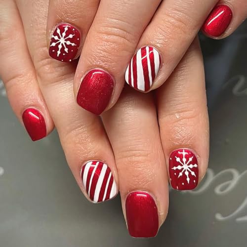 Christmas Press on Nails Short Square Red with Stripes & Snowflake Designs, Cute Full Cover Glossy Acrylic Fake Nails for Women 24PCS
