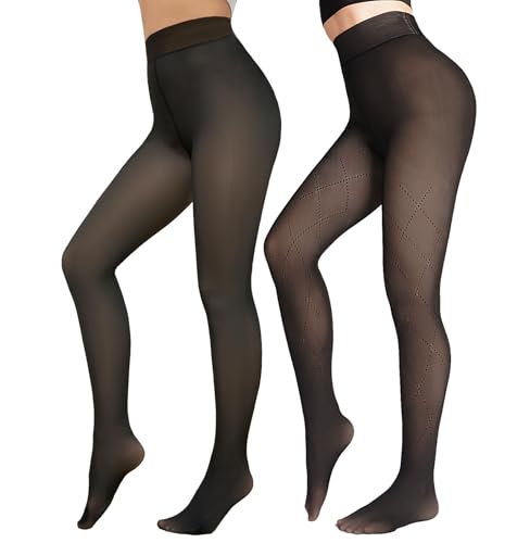 Image of X-CHENG 2 Pairs Women Fleece Lined Tights-Fishnets Patterned High Waist Thermal Pantyhose Fake Translucent Sheer Thick Warm Tights For Women