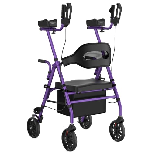 Image of Upright Rollator Walker, Heavy Duty Stand Up Walkers for Seniors with Seat and Reversible Backrest, Foldable Standing Rollator with 8 inch Anti-Slip PU Wheels, Purple