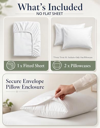 Image of 100% Organic Cotton Queen Fitted Sheet, 3-Piece Set (1 Fitted Sheet, 2 Pillowcases), Percale Weave, Cotton Fitted Sheet, Ultra Soft, Breathable, GOTS Certified, Fits Mattress Upto 15 inch Deep - White