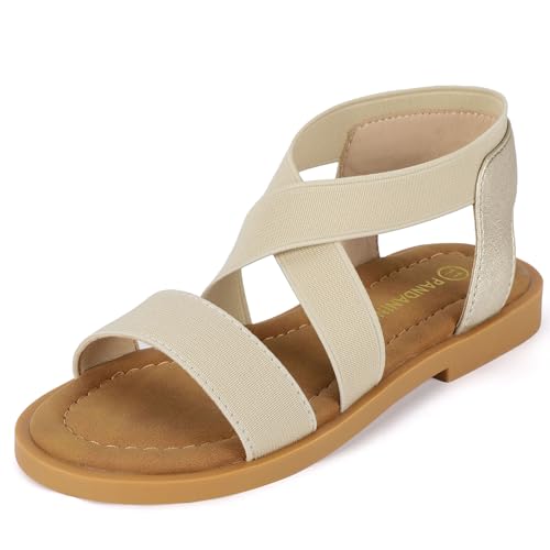 Image of PANDANINJIA Girls Sandals Slip-on Elastic Ankle Cross Strappy Gladiator Dress Sandals Flats Summer Shoes Little Big Kids Sandals