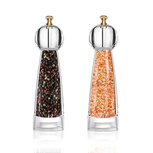 Pepper Grinder Set & Salt Mills,Classic Manual Transparent Acrylic Rotor,2PCS 8IN High Capacity Pepper & Salt Grinder Seasoning Bottle,Ceramic Core with Adjustable Grain Size Mill for Fresh Spices
