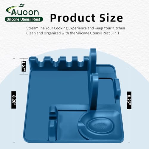 Image of Auoon Silicone Spoon Rest with Lid Holder - 3 in 1 Kitchen Utensil Rest for Soup Ladles, Pot Lids, Spatulas, Spoons, Tongs, BPA Free & Dishwasher Safe, 8.26 x 8.06 Inch (Fog Blue, Large)