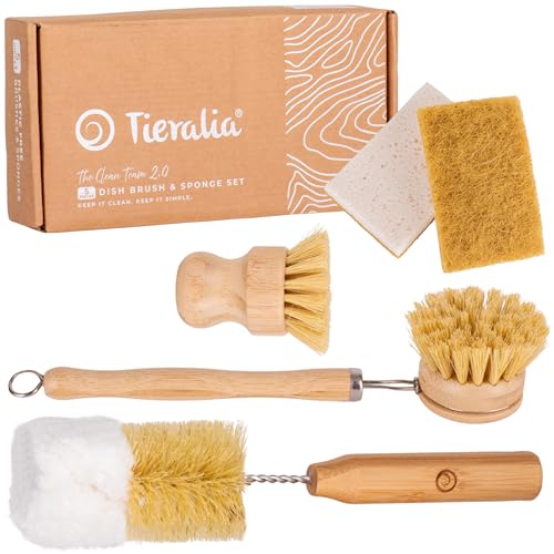 Image of Tieralia Bamboo Dish Brush Set 5 Piece - Eco Friendly Kitchen Cleaning Kit with Bottle Brush, Long Dish Brush, Palm Scrubber & 2 Plant-Based Sponges | Plastic-Free Natural Dish Scrubber