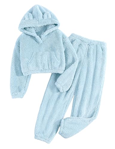 Image of Shallmu Girls Fuzzy Bear Ear Plaid Hoodie Pullover Sweatshirt with Pocket Sweatpants Fall Winter 2 Piece Outfits
