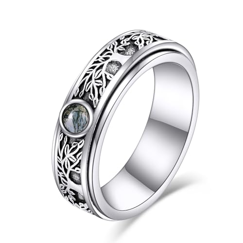 POPLYKE Sterling Silver Tree of Life Anxiety Spinner Rings Moss Agate Fidget Rotatable Mood Rings for Women Men 9 Size