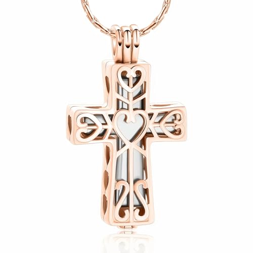 GMLRTOSPT Urna Conmemorativa con Colgante de Cruz Hueca para Cenizas, joyería de cremación, Soporte para Cenizas de Humanos y Mascotas, Regalo de Recuerdo para Mujeres y Hombres, Oro Rosa y Plata.