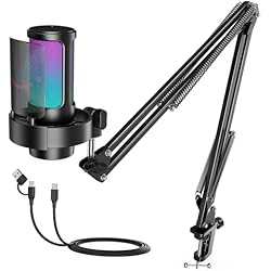 FIFINE USB Gaming Microphone Kit, PC Streaming Mic with RGB Lights, Mute, Gain Knob, Metal Boom Arm for Recording Podcast, Condenser Computer Microphone Set Compatible with PS4/PS5-AmpliGame A8T
