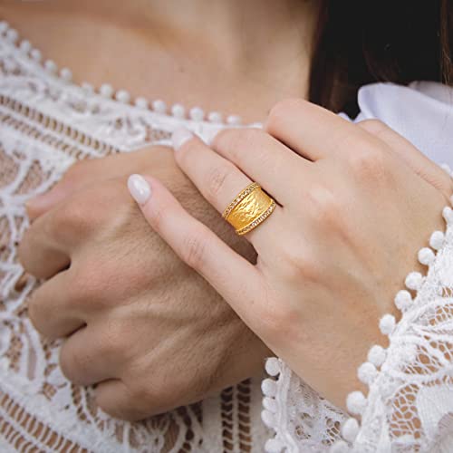 Bling Jewelry Personalized Modern Style Cz Accent Band Fashion Statement Brushed Hammered Matte Finish Wide Band Ring For Women Yellow 14K Gold Plated Brass Customizable #TOP6
