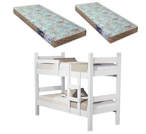BELICHE LETICIA COM ESCADA E GRADE PROTEÇÃO VIRA 2 CAMAS SOLTEIRO -MDF + 2 COLCHÕES D23-Branco