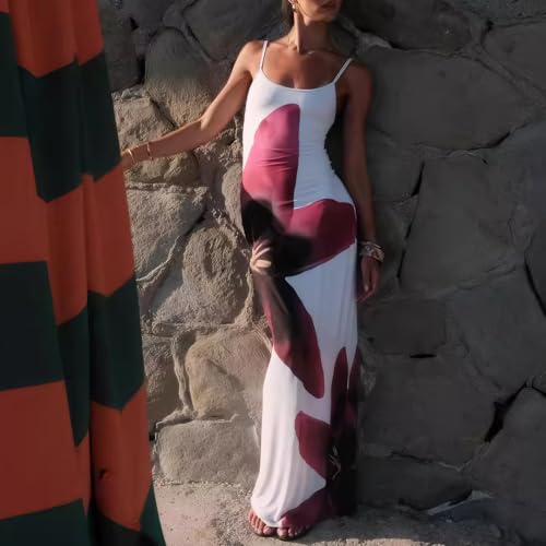 Image of Womens Summer Casual Floral Dresses Spaghetti Strap Bodycon Maxi Beach Dress Elegant Evening Party Long Dresses