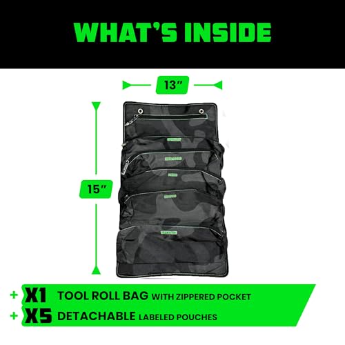 Rhino USA Tool Bag Roll - Heavy Duty Canvas Organizer Pouch for Tools - Ultimate Travel Tool Storage Kit for UTV, Car, Truck, 4x4 Offroad - Upgraded with Labeled & Removable Pouches - Secured for Life
