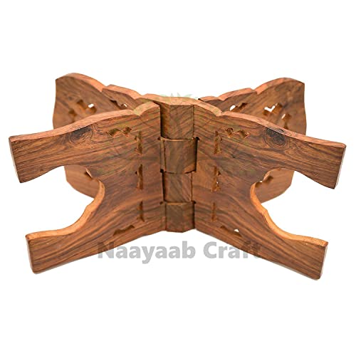 Image of Naayaab Craft Handmade & Handcraft Sheesham Wooden Book Holder Display Stand Folding Religious Prayer Free Reading Stand with Intricate Carvings, Rehal for Religious Holy Books - Size (12 Inch)