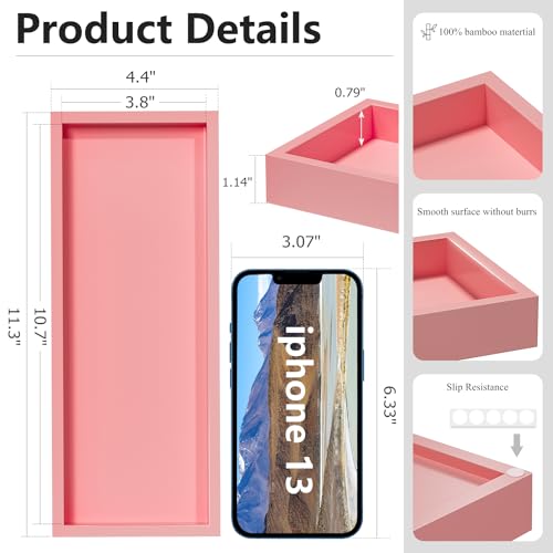 Image of ZHWS Bathroom Vanity Tray for Perfume Decor Toilet Tank Candle Toiletries, Kitchen Tray for Soap Dispenser Spice Salt Coffee, Bamboo Nightstand Tray 11.3 inchx4.4 inch (Pink)