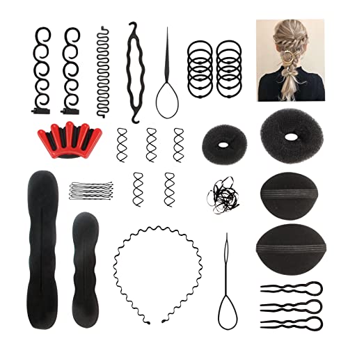 Oreola 25-teiliges Frisuren-Hilfsset zum Herstellen von Brötchen Hochsteckfrisur Pferdeschwanz Großes Haar Donut Haarschmuck-Styling-Set für Mädchen und Schöpfkellen Damen Magic Braiding Hair Modeling Cover