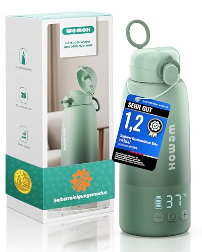 Wemoh Tragbarer Flaschenwärmer Baby für unterwegs mit Selbstreinigungsfunktion, Präzise Temperaturkontrolle & 450ml Große Kapazität, 100W Schnellaufwärmung für Muttermilch & Wasser Milchwärmer to go